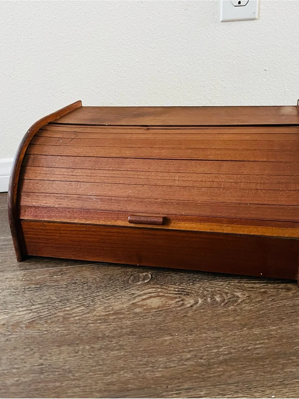 Vintage Wooden Roll-Top Bread Box in Brown